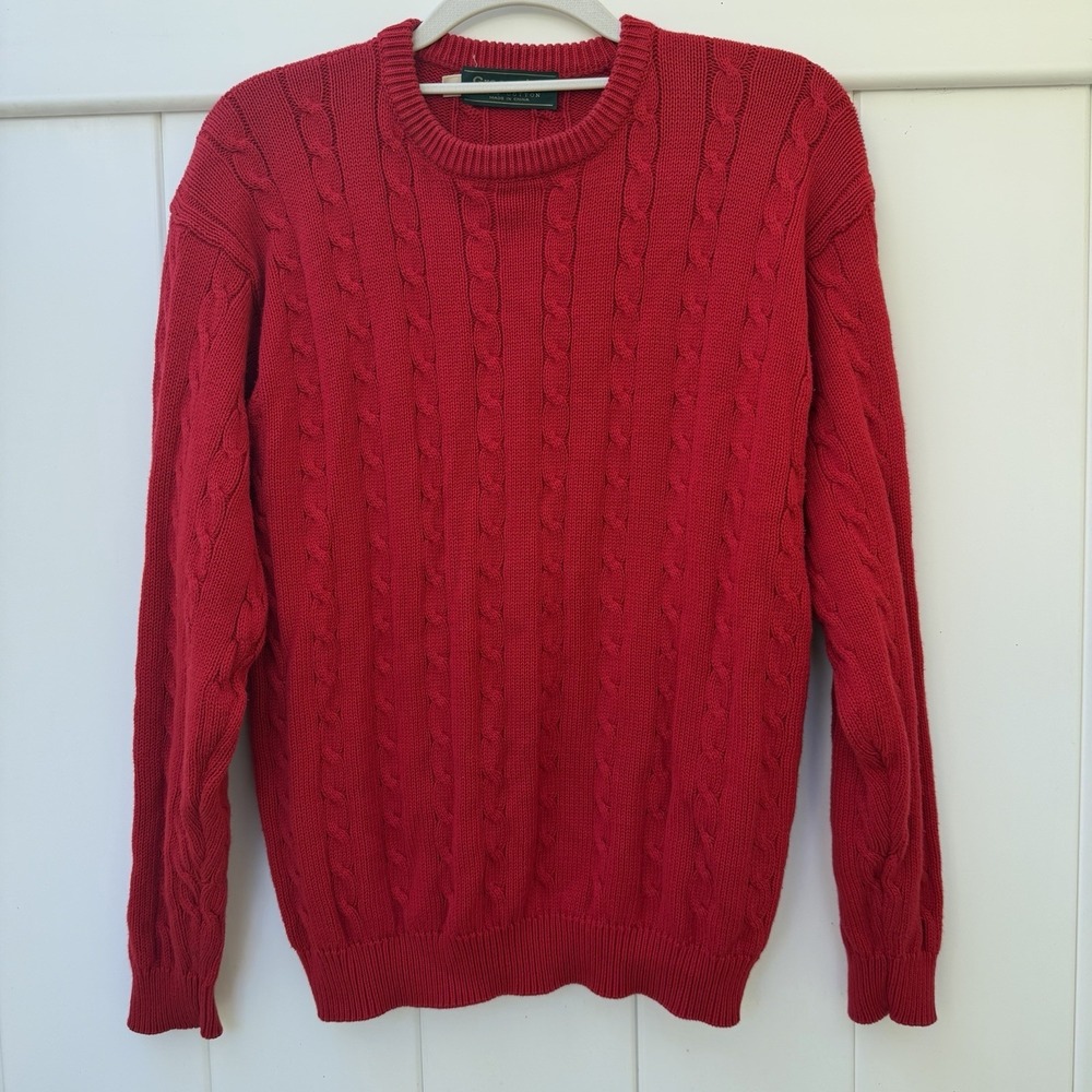 Vtg‎ Cable Knit Sweater Womens Medium 100% Cotton Red Nautical Fisherman Preppy